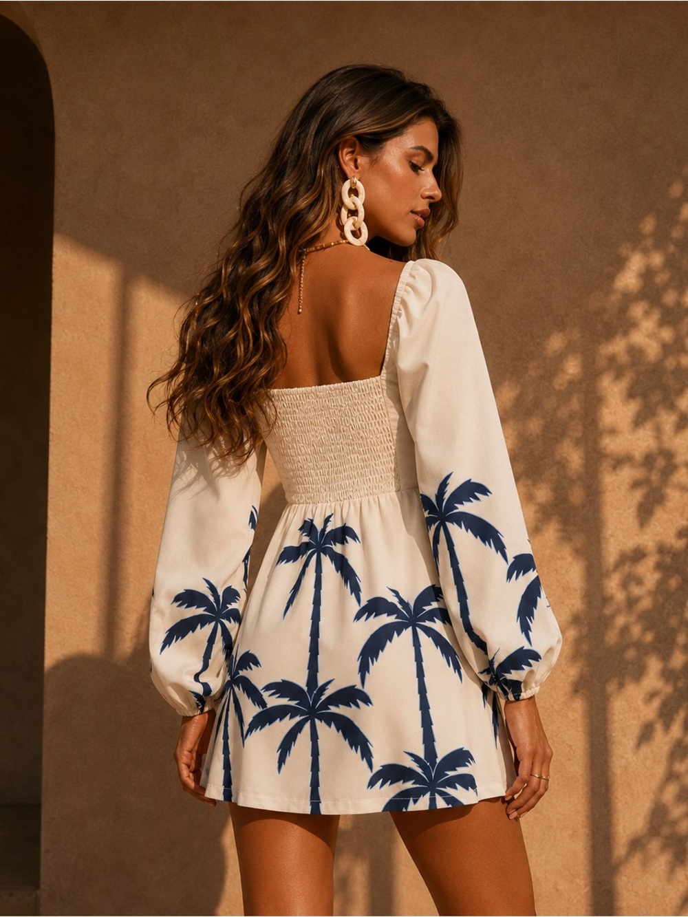 NWT Commense Long Sleeve Twist Front Print Dress Blue Palm Print - Picture 2 of 2